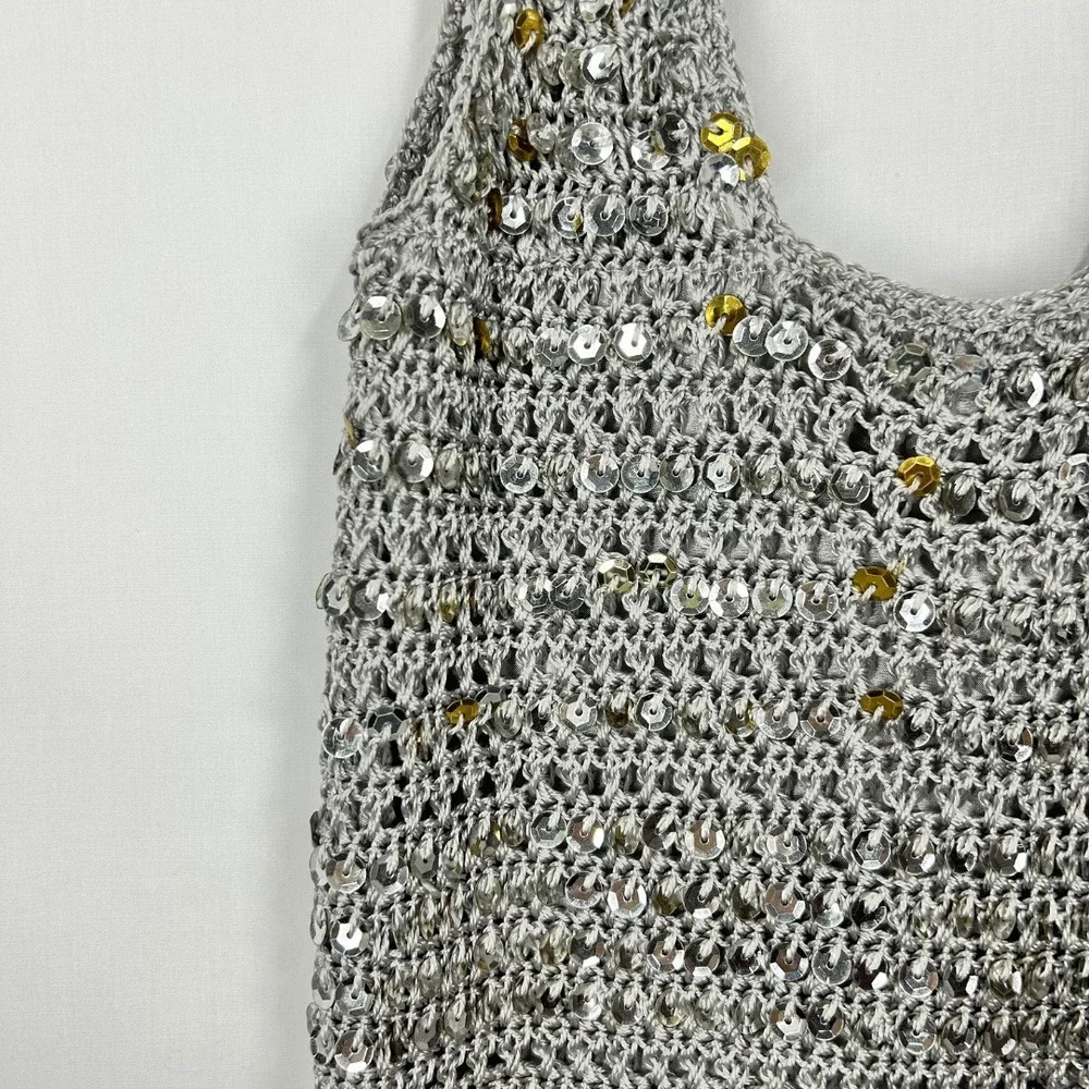 Vintage Y2K Silver Sequin Knit Open Mesh Shoulder Bag Metallic Crochet Hobo Tote
